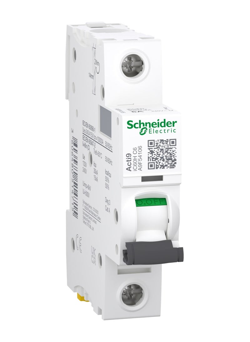 Schneider Electric - A9F54106 Acti9 iC60H 1P 6A C Miniature Circuit breaker - Image 1