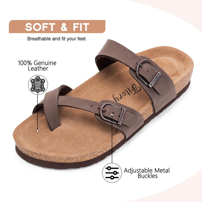 FITORY Women's Slide Sandals with Soft Cork Footbed, Comfort Arch Support Flat Sandals for Summer Brown Size 8 - Image 3