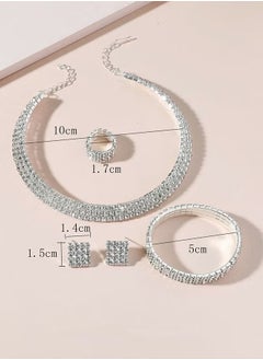 Generic 4 Pcs Rhinestone Choker Bracelet Ring Earrings Studs Set Three Row Round Diamond Collar Necklace Bridal Evening Dress Accessories for Women Silver/Clear  - Image 3