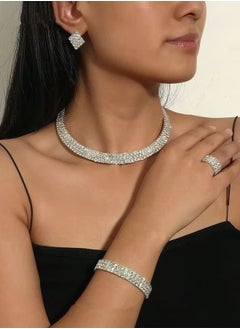 Generic 4 Pcs Rhinestone Choker Bracelet Ring Earrings Studs Set Three Row Round Diamond Collar Necklace Bridal Evening Dress Accessories for Women Silver/Clear  - Image 1
