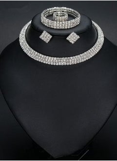 Generic 4 Pcs Rhinestone Choker Bracelet Ring Earrings Studs Set Three Row Round Diamond Collar Necklace Bridal Evening Dress Accessories for Women Silver/Clear  - Image 2