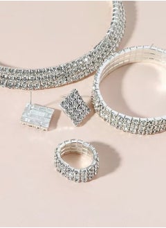 Generic 4 Pcs Rhinestone Choker Bracelet Ring Earrings Studs Set Three Row Round Diamond Collar Necklace Bridal Evening Dress Accessories for Women Silver/Clear  - Image 4