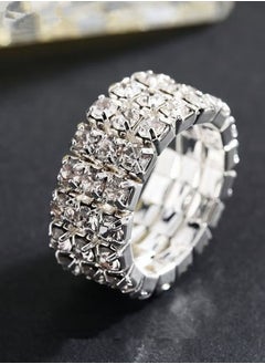 Generic 4 Pcs Rhinestone Choker Bracelet Ring Earrings Studs Set Three Row Round Diamond Collar Necklace Bridal Evening Dress Accessories for Women Silver/Clear  - Image 5
