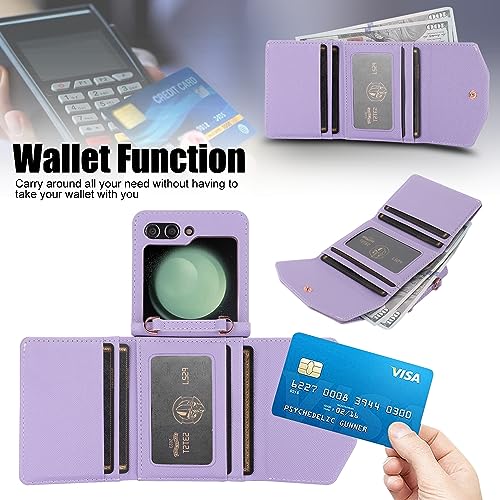 XIMAND for Samsung Galaxy Z Flip 5 Wallet Case with Builtin Leather Cash Slot and Credit Card Holder Wristlet Strap and Hinge Protection Carrying Handbag Phone Case for Women LadiesPurple - Image 3