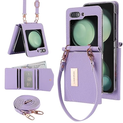 XIMAND for Samsung Galaxy Z Flip 5 Wallet Case with Builtin Leather Cash Slot and Credit Card Holder Wristlet Strap and Hinge Protection Carrying Handbag Phone Case for Women LadiesPurple - Image 1
