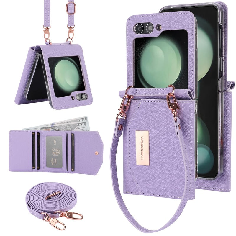 XIMAND for Samsung Galaxy Z Flip 5 Wallet Case with Builtin Leather Cash Slot and Credit Card Holder Wristlet Strap and Hinge Protection Carrying Handbag Phone Case for Women LadiesPurple - Image 2