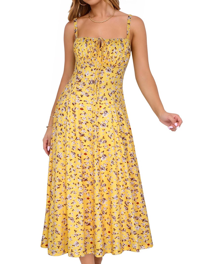 YATHON Spring Summer Wedding Guest Dress Formal Square Neck Fit and Flare Floral Midi Casual Milkmaid Sundress(YT552-Yellow Floral 04,M) - Image 1