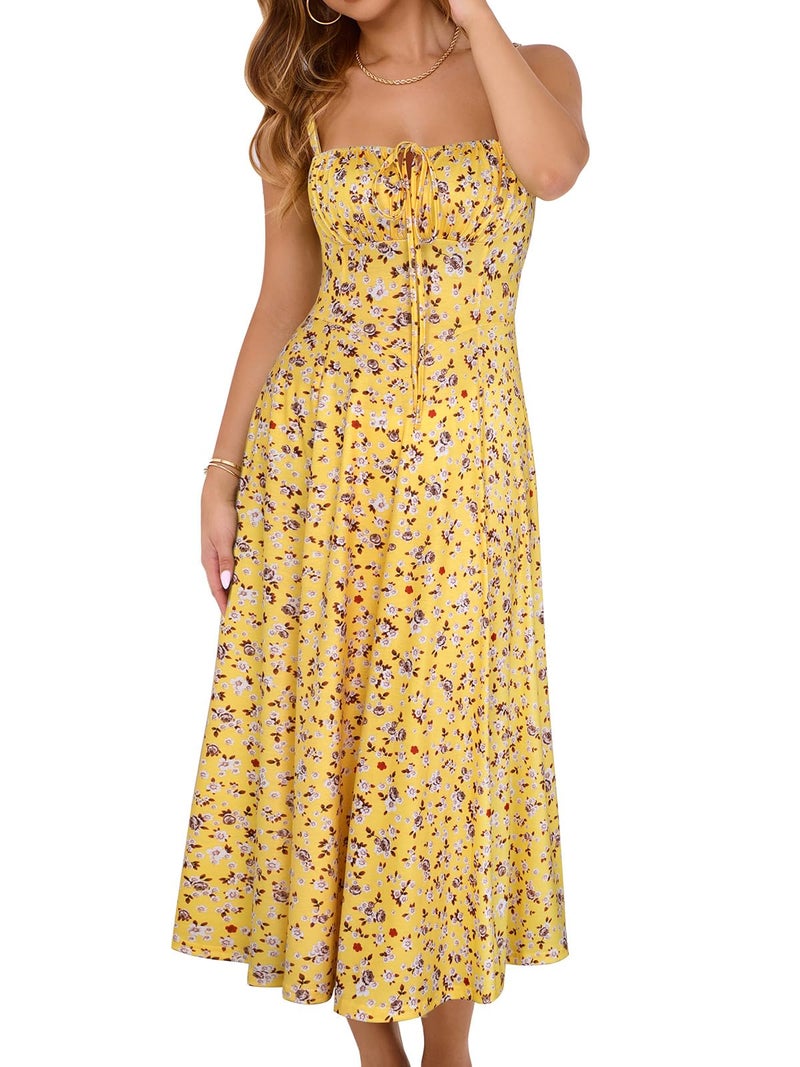 YATHON Spring Summer Wedding Guest Dress Formal Square Neck Fit and Flare Floral Midi Casual Milkmaid Sundress(YT552-Yellow Floral 04,M) - Image 2