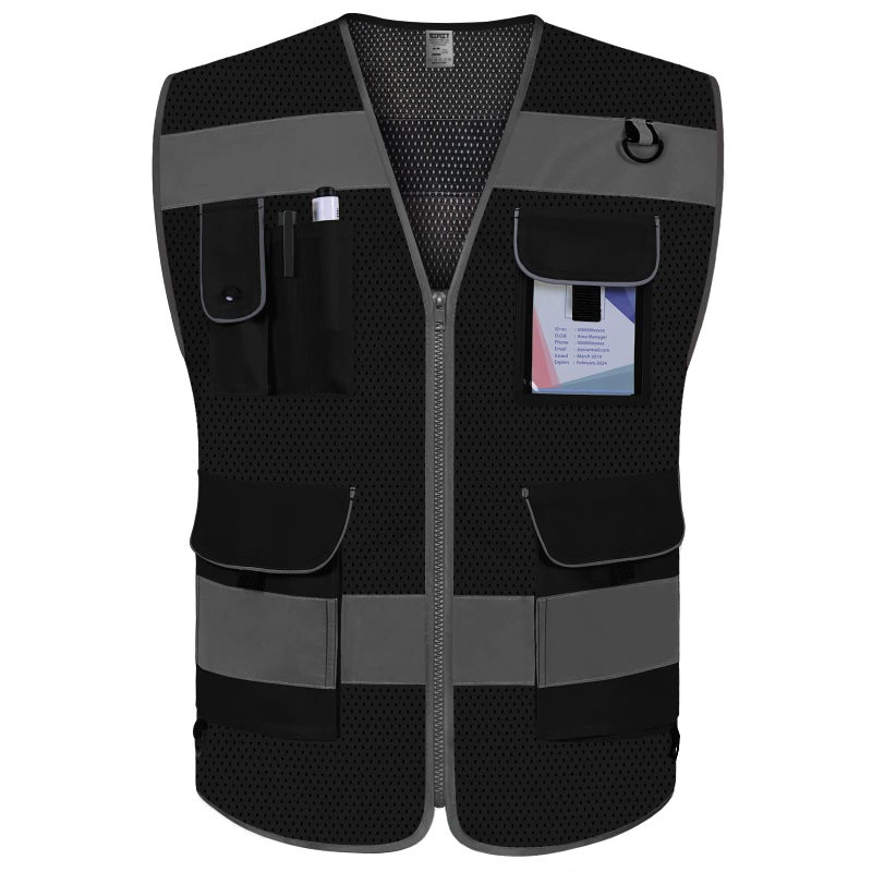 TCCFCCT Mesh Black Safety Vest for Men Women 9 Pockets High Visibility Reflective Vest for Safety, Work Vest with Reflective Strips, Meets ANSI/ISEA Standards, Large - Image 5