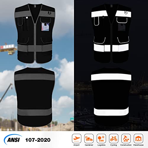 TCCFCCT Mesh Black Safety Vest for Men Women 9 Pockets High Visibility Reflective Vest for Safety, Work Vest with Reflective Strips, Meets ANSI/ISEA Standards, Large - Image 2