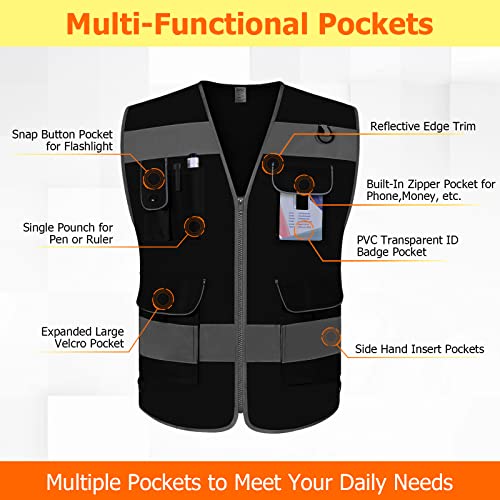 TCCFCCT Mesh Black Safety Vest for Men Women 9 Pockets High Visibility Reflective Vest for Safety, Work Vest with Reflective Strips, Meets ANSI/ISEA Standards, Large - Image 3