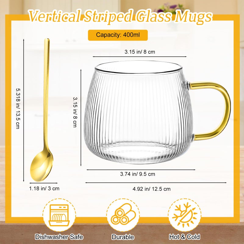 Layhit 6 Sets Striped Glass Coffee Mugs with Spoons 13.5 oz Clear Tea Cups Glasses with Handle Mini Spoon for Milk, Latte, Cappuccino, Espresso, Cold or Hot Drinks - Image 2