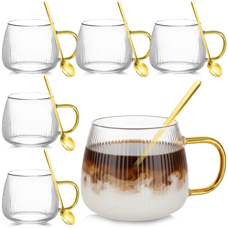 Layhit 6 Sets Striped Glass Coffee Mugs with Spoons 13.5 oz Clear Tea Cups Glasses with Handle Mini Spoon for Milk, Latte, Cappuccino, Espresso, Cold or Hot Drinks - Image 1