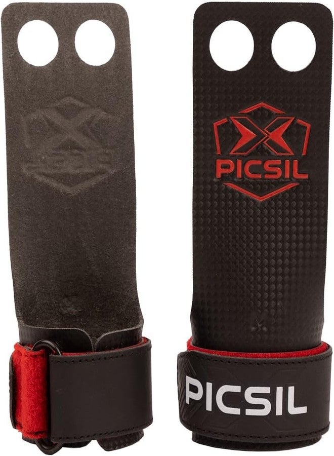 PICSIL RX Carbon Grips 2 Holes, Hand Made, Hand Grips for Weightlifting, Muscleups, Pull Ups, Gymnastics, Prevent Blisters and Rips,Hand Protection, for Men and Women (Red 2H, Small) - Image 1