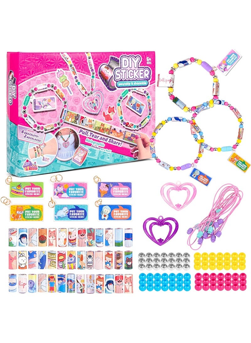 Topyich Kids' Sticky Rolls Bracelet Kit, DIY Sticker Jewelry Toy Wearable Shareable, 32 Sticker Rolls Reusable 256 Stickers, Sticky Roll Bracelet Necklace Gift Kit with 6 Charms, 2 Pendants, Many Beads - Image 1