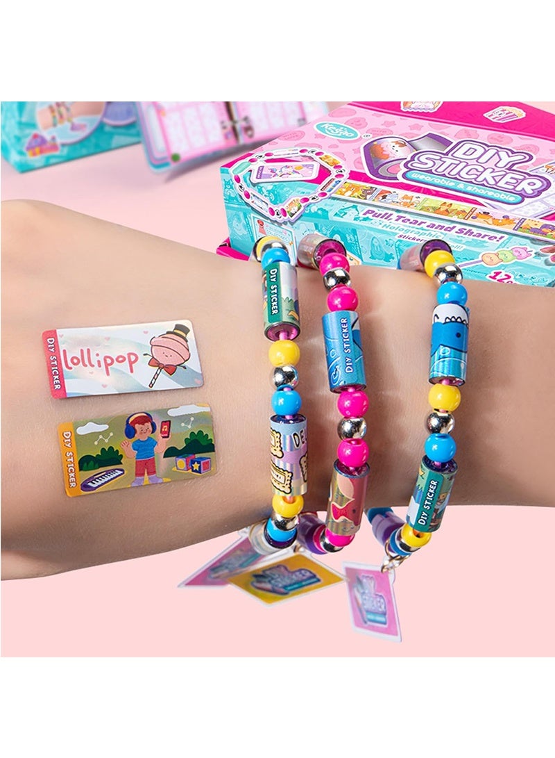 Topyich Kids' Sticky Rolls Bracelet Kit, DIY Sticker Jewelry Toy Wearable Shareable, 32 Sticker Rolls Reusable 256 Stickers, Sticky Roll Bracelet Necklace Gift Kit with 6 Charms, 2 Pendants, Many Beads - Image 3