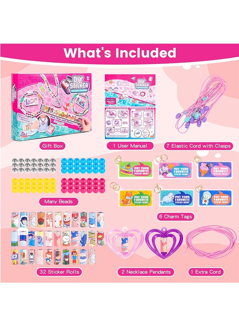 Topyich Kids' Sticky Rolls Bracelet Kit, DIY Sticker Jewelry Toy Wearable Shareable, 32 Sticker Rolls Reusable 256 Stickers, Sticky Roll Bracelet Necklace Gift Kit with 6 Charms, 2 Pendants, Many Beads - Image 2