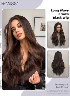 roaiss Long Wavy Brown Black Wig, Women's Middle Parting Natural Soft Synthetic Heat Resistant Hair Wig with Highlights for Wedding Cosplay Party Daily Wear, 60cm (24 inches)  - Image 1