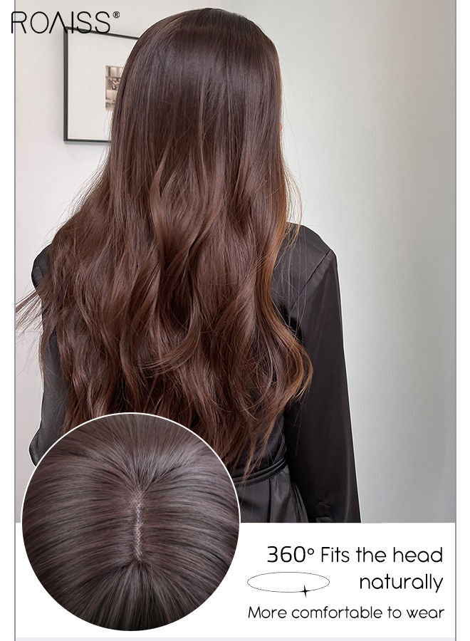 رويس شعر مستعار طويل مموج أسود بني، باروكة شعر مستعار صناعي طبيعي ناعم ومقاوم للحرارة بفراق متوسط للنساء لحفلات الزفاف وحفلات التنكرية والارتداء اليومي، 60 سم (24 بوصة) - Image 4