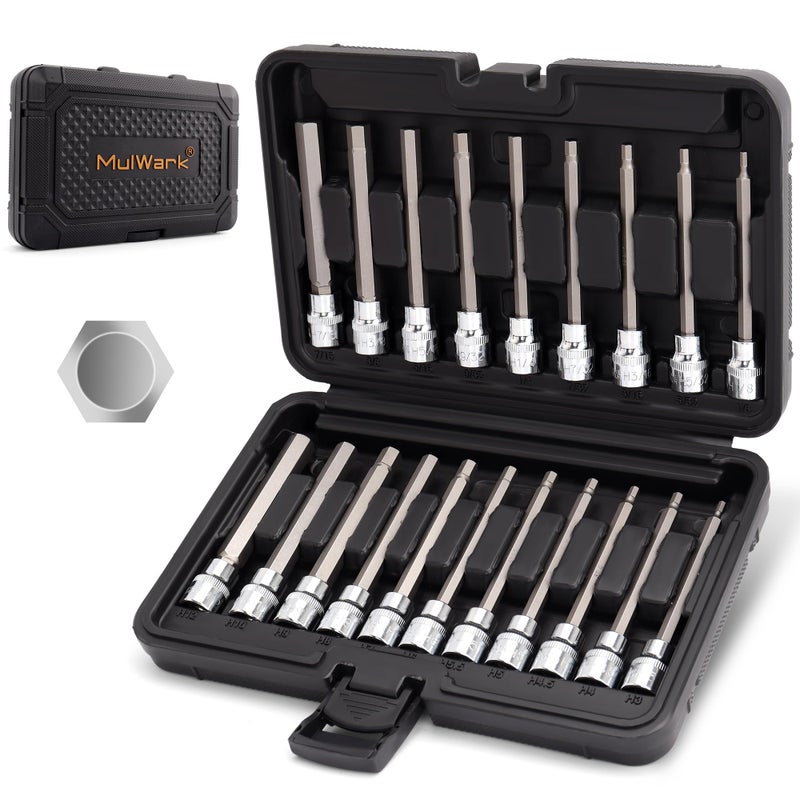 Mulwark 20PC 3/8" Drive Extra Long Allen Hex Bit Socket Set - Long Allen Socket Set contain Metric Allen Sockets 3mm - 12mm | SAE Hex Sockets 1/8'' - 7/16'' with Storage Case for Repair and Assembly - Image 1