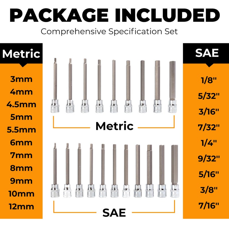 Mulwark 20PC 3/8" Drive Extra Long Allen Hex Bit Socket Set - Long Allen Socket Set contain Metric Allen Sockets 3mm - 12mm | SAE Hex Sockets 1/8'' - 7/16'' with Storage Case for Repair and Assembly - Image 3