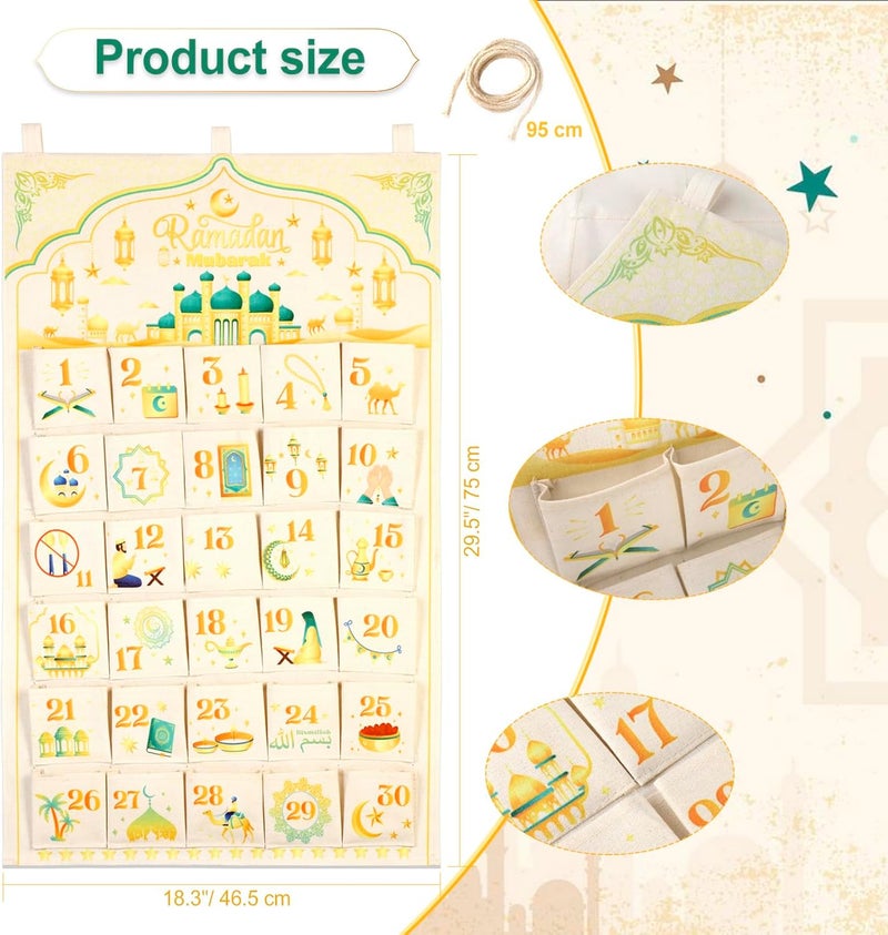 HOWAF Fabric Ramadan Mubarak Advent Calendar (Countdown to Eid), 30 Days Mystery Eid Mubarak Countdown Calendar with 30 Pockets for Eid Mubarak Home Wall Decoration - Image 2