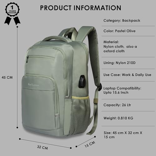 Red Lemon 26L Waterproof Laptop Backpack – Swiss Cut Design Pro Series 2025 Model, 15.6" Laptop Bag with Rain Cover for Men & Women, Ideal for Office, Travel, School & Daily Use (Pastel Olive) - Image 3