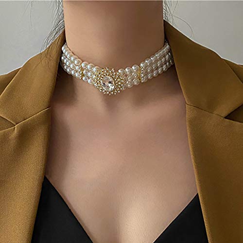 ELABEST Pearl Multi-Row Necklace Sparkly Rhinestone Choker Bling Crystal Layered Chain Dating Birthday Costume Jewelry for Women - Image 4