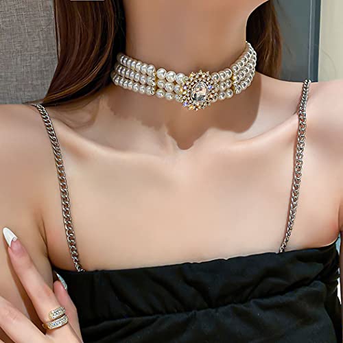 ELABEST Pearl Multi-Row Necklace Sparkly Rhinestone Choker Bling Crystal Layered Chain Dating Birthday Costume Jewelry for Women - Image 2