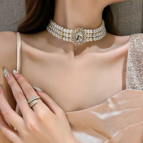 ELABEST Pearl Multi-Row Necklace Sparkly Rhinestone Choker Bling Crystal Layered Chain Dating Birthday Costume Jewelry for Women - Image 3