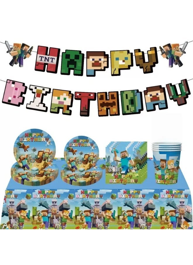 general Minecraft theme birthday Party pull flag tableware layout decoration Pixel Wars dinner plate paper Cup paper towel tablecloth - Image 1