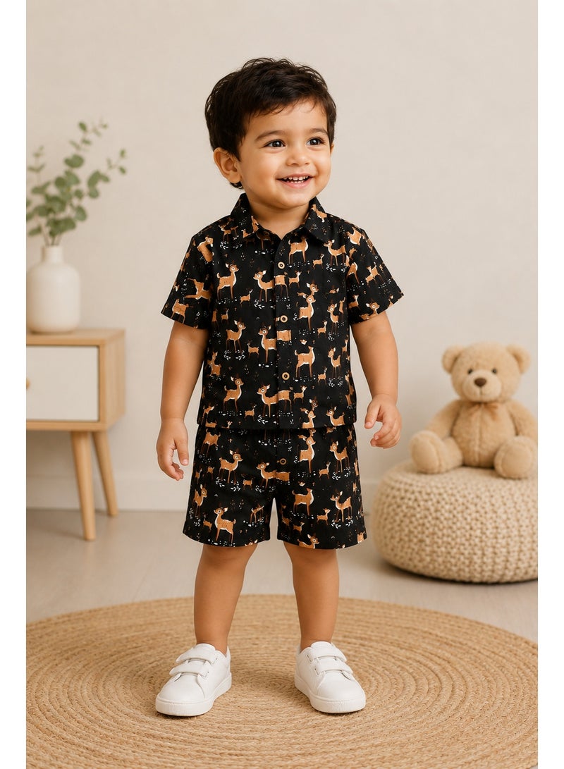 Matching Family Outfits Unisex Kids Midnight Forest Deer Print Cotton Short Sleeve Shirt and Shorts Co-ord Set, 2 Piece, Black - Image 4