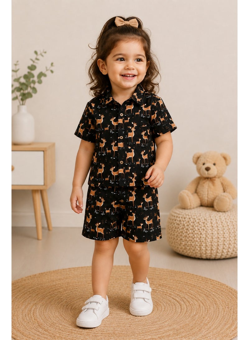 Matching Family Outfits Unisex Kids Midnight Forest Deer Print Cotton Short Sleeve Shirt and Shorts Co-ord Set, 2 Piece, Black - Image 3