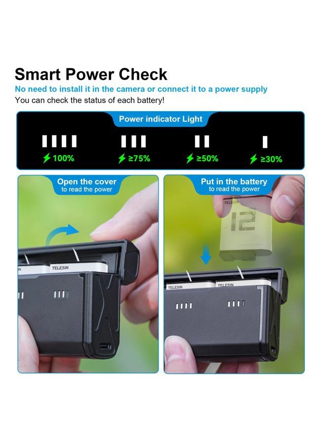 TELESIN شاحن بطارية TELESIN Enduro لجهاز GoPro 12 11 10 9، بحجم جيب مع مؤشر طاقة ذكي ومنفذ شحن جانبي لبطاريات Go Pro Enduro Hero 12 11 10 9 ملحقات الشحن الأصلية - Image 3