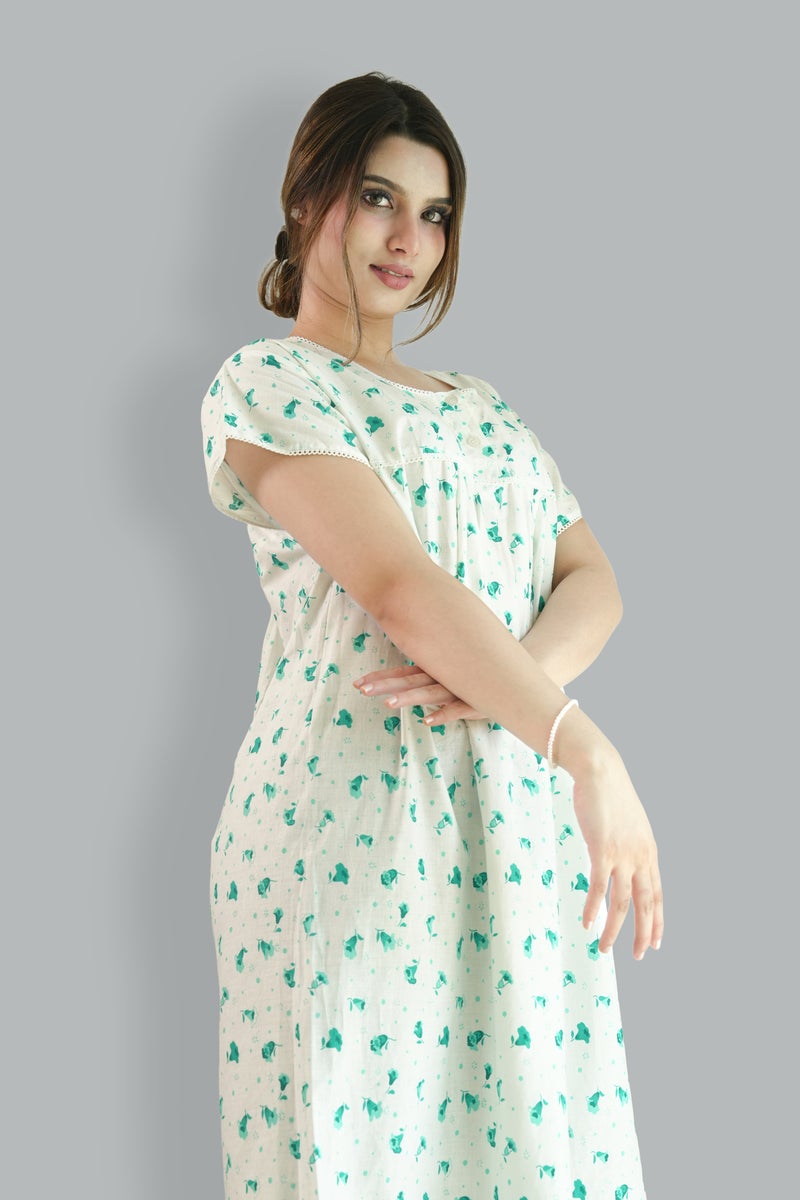 Comfort Over Everything 100% Cotton Printed Green Nighty - Round Lace Neck - Image 5