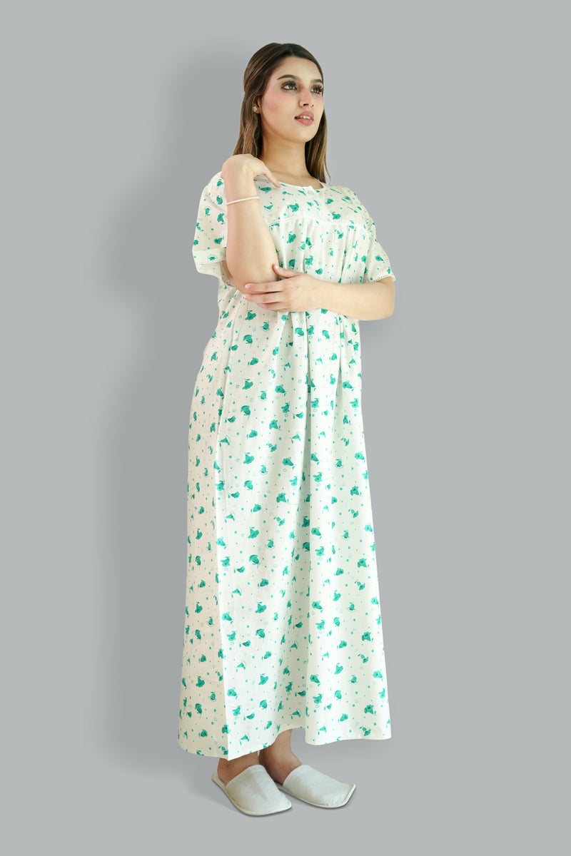 Comfort Over Everything 100% Cotton Printed Green Nighty - Round Lace Neck - Image 4