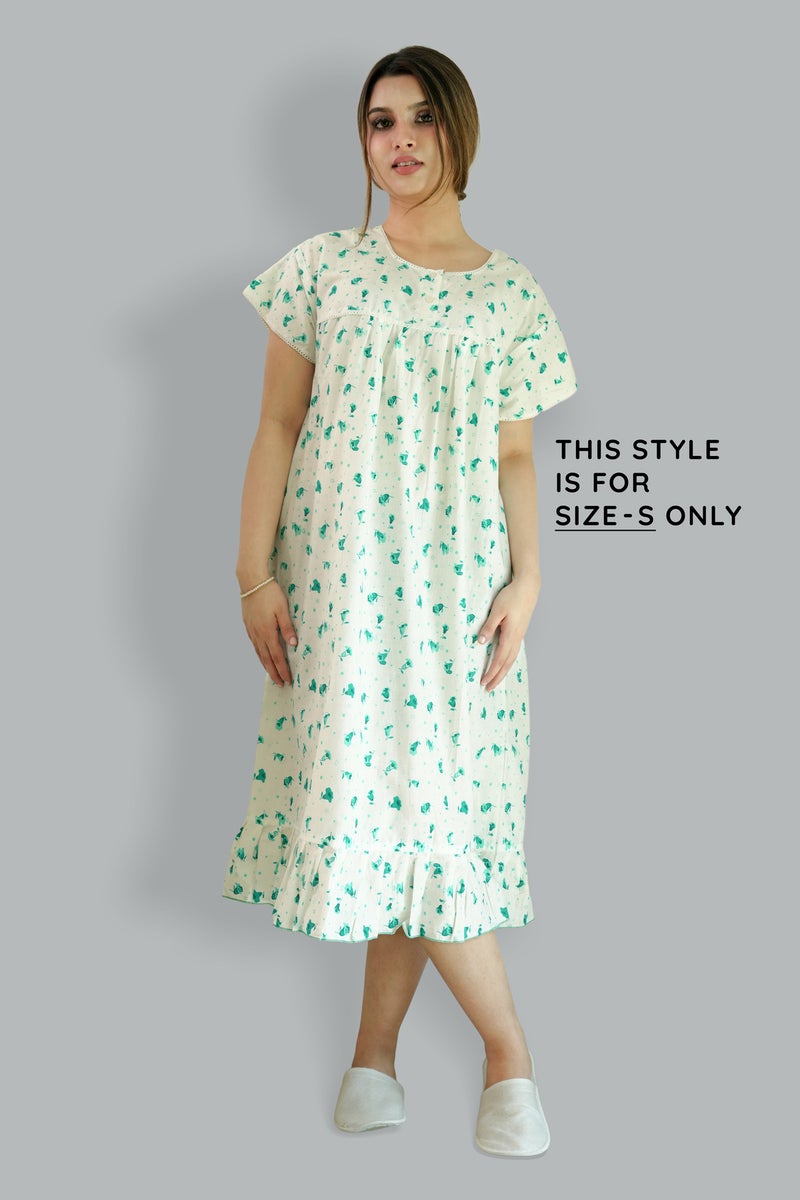 Comfort Over Everything 100% Cotton Printed Green Nighty - Round Lace Neck - Image 2
