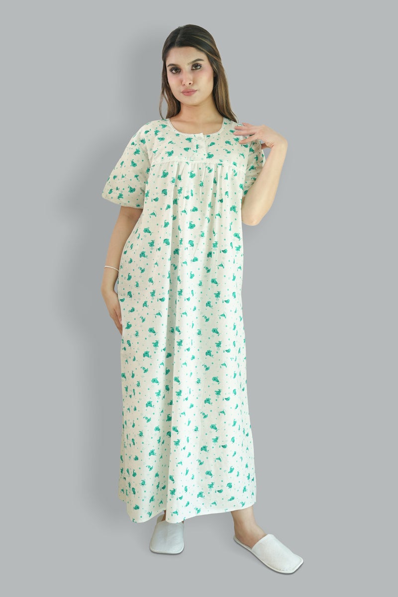 Comfort Over Everything 100% Cotton Printed Green Nighty - Round Lace Neck - Image 1