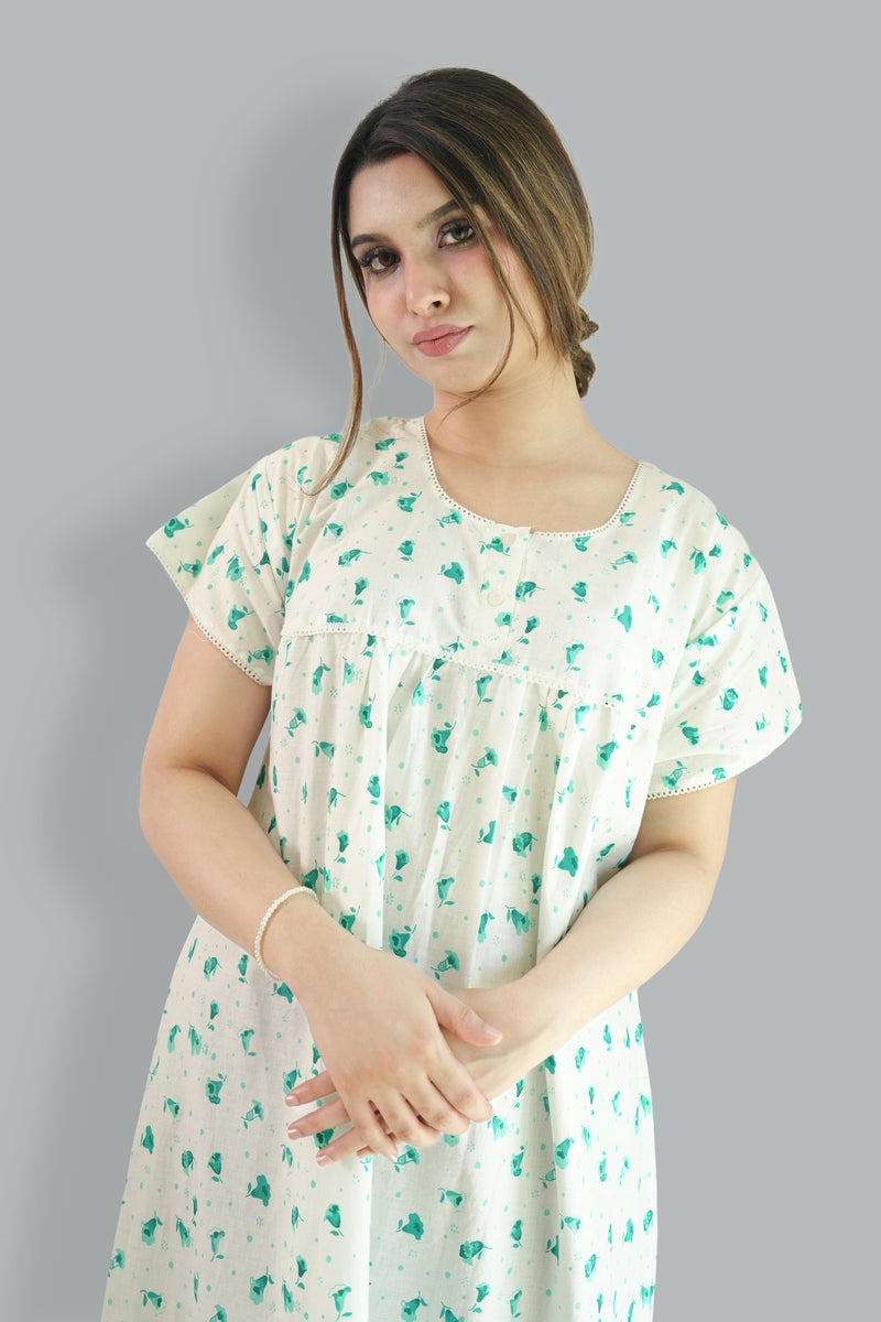 Comfort Over Everything 100% Cotton Printed Green Nighty - Round Lace Neck - Image 3