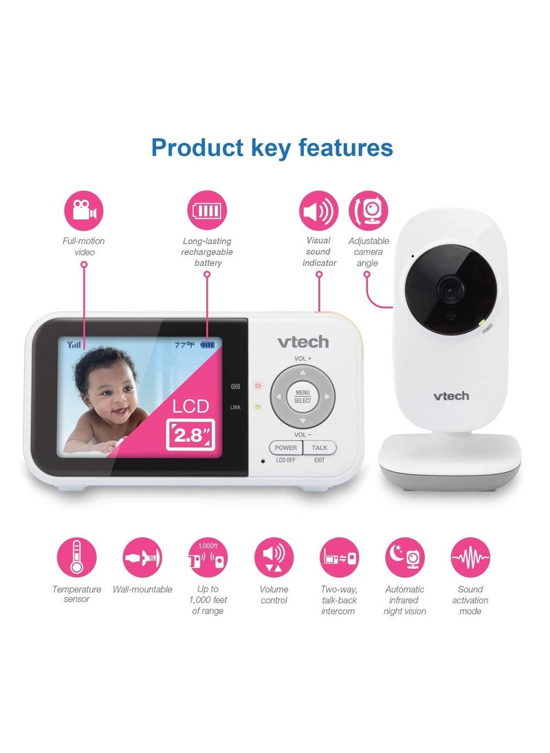 vtech - VM819 Video Baby Monitor with 19Hour Battery Life 1000ft Long Range Auto Night Vision 2.8” Screen, 2 Way Audio Talk Temperature Sensor Power Saving Mode And Lullabies - Image 1