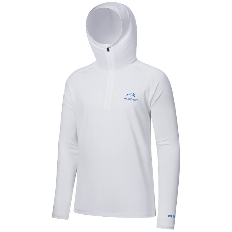 BASSDASH Mens UPF 50 14 Zip Fishing Hoodie Shirt Quick Dry Performance Long Sleeve Sun Protection FS24M White