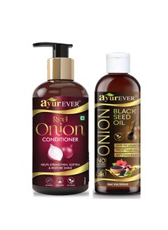 AYUREVER Onion Black Seed Hair Oil - 100 Ml With Red Onion Conditioner 300 Ml Combo  - Image 1