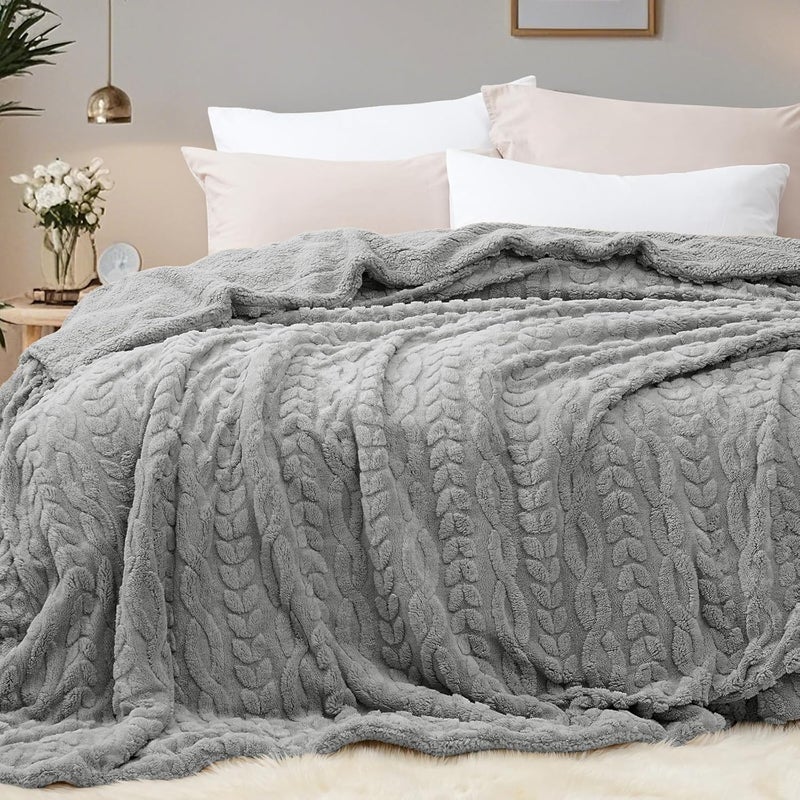 PHF Fluffy Sherpa Blanket King Size for Winter, Warm and Soft, 510GSM 3D Jacquard Thick Shaggy Fleece Plush Blanket for Sofa Bed, Grey, 108"x90" - Image 1