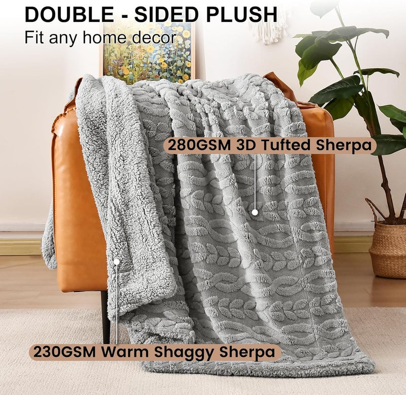 PHF Fluffy Sherpa Blanket King Size for Winter, Warm and Soft, 510GSM 3D Jacquard Thick Shaggy Fleece Plush Blanket for Sofa Bed, Grey, 108"x90" - Image 5