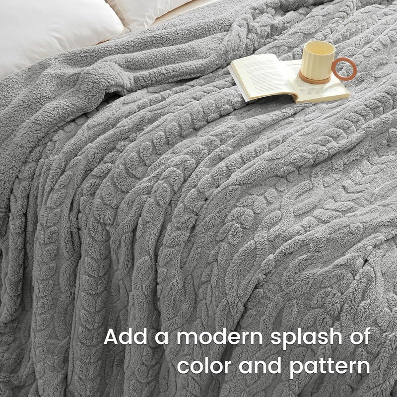 PHF Fluffy Sherpa Blanket King Size for Winter, Warm and Soft, 510GSM 3D Jacquard Thick Shaggy Fleece Plush Blanket for Sofa Bed, Grey, 108"x90" - Image 2