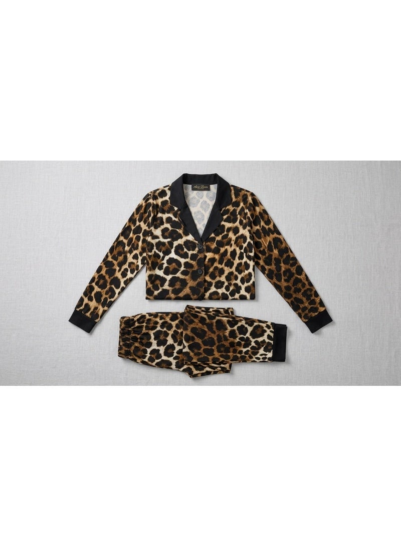 Elegant Leopard Print Pajama Set for Women Soft Stretchy Lounge Wear Long Sleeve Button Down Sleepwear Two Piece Nightwear Comfortable Homewear Free Size Up to 65 KG - Image 4