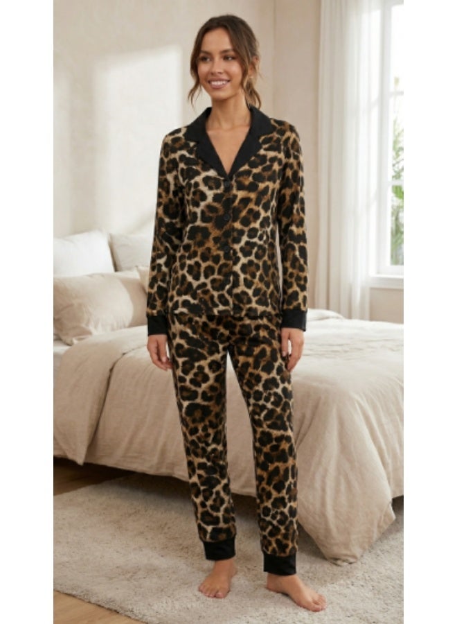 Elegant Leopard Print Pajama Set for Women Soft Stretchy Lounge Wear Long Sleeve Button Down Sleepwear Two Piece Nightwear Comfortable Homewear Free Size Up to 65 KG - Image 1
