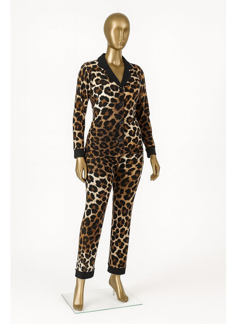Elegant Leopard Print Pajama Set for Women Soft Stretchy Lounge Wear Long Sleeve Button Down Sleepwear Two Piece Nightwear Comfortable Homewear Free Size Up to 65 KG - Image 3