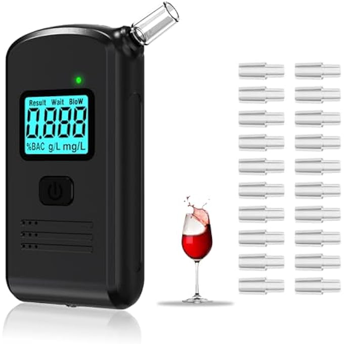 rayihni Alcohol Breathalyzer Tester UK,Portable Alcohol Tester with 20 Mouthpieces, Professional Alcohol Breath Tester with Digital Blue LCD Display for Home Personal Professional Use - Image 1