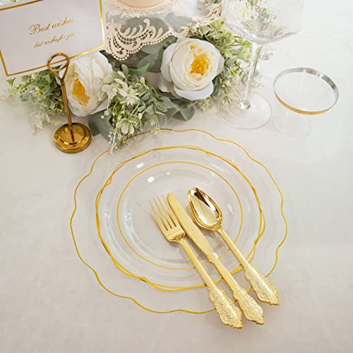 NOCCUR 50Guest Gold Rim Clear Plastic PlatesDisposable Silverware CupsInclude 100Plastic Plates 150Gold Utensils 50Cups and 50NapkinsIdea for WeddingParty - Image 5